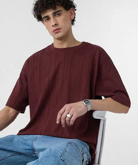Textured Jacquard Burgundy Oversized T-Shirts