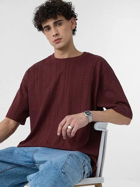 Textured Jacquard Burgundy Oversized T-Shirts