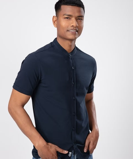 Mandarin Navy Blue Knit Shirts