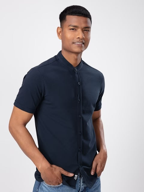 Mandarin Navy Blue Knit Shirts