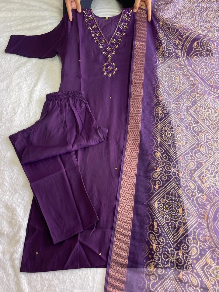 Premium Roman Silk Full Stitched Top Pant & Dupatta