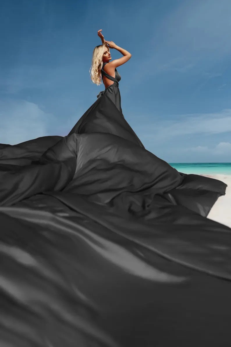Flying Dress Black Long Flying Dress For Photoshoot Asymmetrical