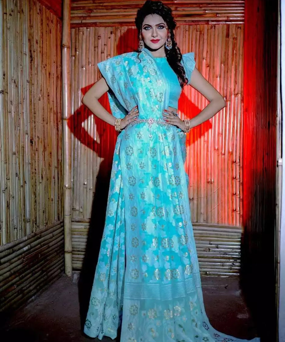 Soft Cotton Jamdani With Gold Zari Weaving Work  Sari & Blouse