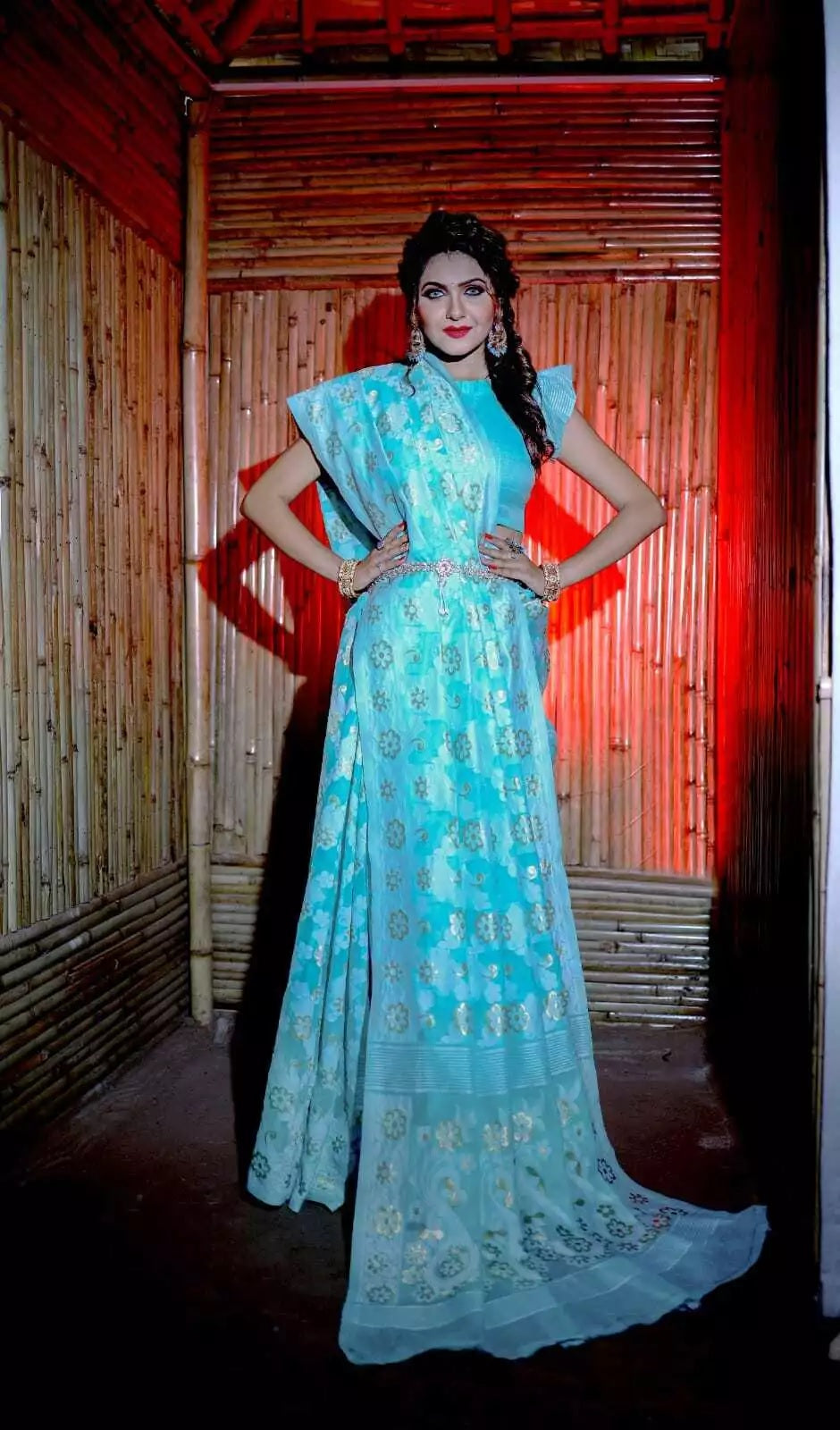 Soft Cotton Jamdani With Gold Zari Weaving Work  Sari & Blouse