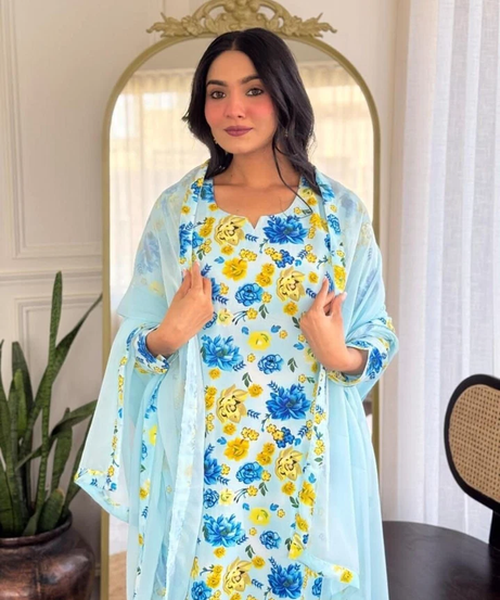 Beautiful Women's Georgette & Print Work Top Bottom & Dupatta Set 12-BS