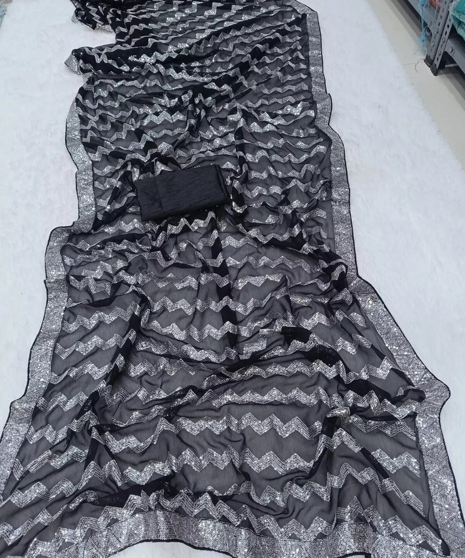 Georgette With Embroidery Sequence Work  Sari & Blouse