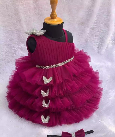 Lovely Sequins Bow and Diamond Belt Net Frock for Baby Girls