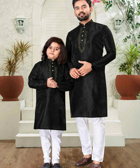 Silk Kurta Pajama Set For Men's & Kid's Combo Set