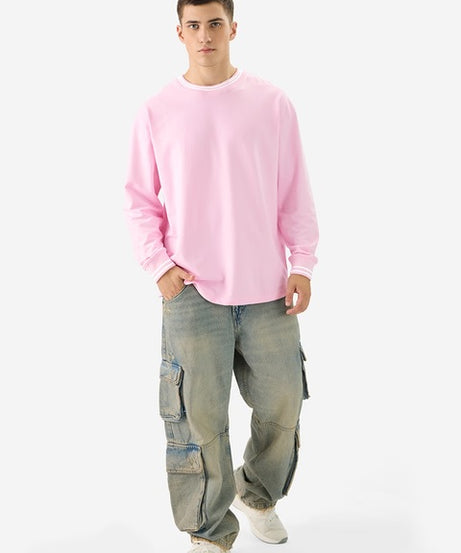 Solids Pastel Pink Oversized Full Sleeve T-Shirts
