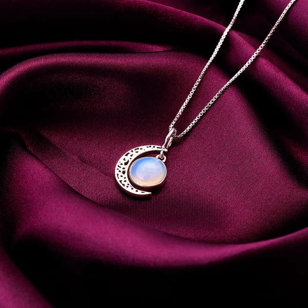 Oxidised Silver Moonstone Crescent Pendant with Box Chain