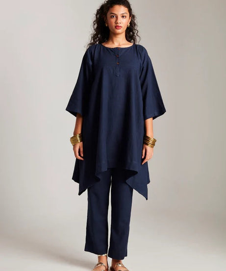 Navy Co-Linen High Low Kurta Set