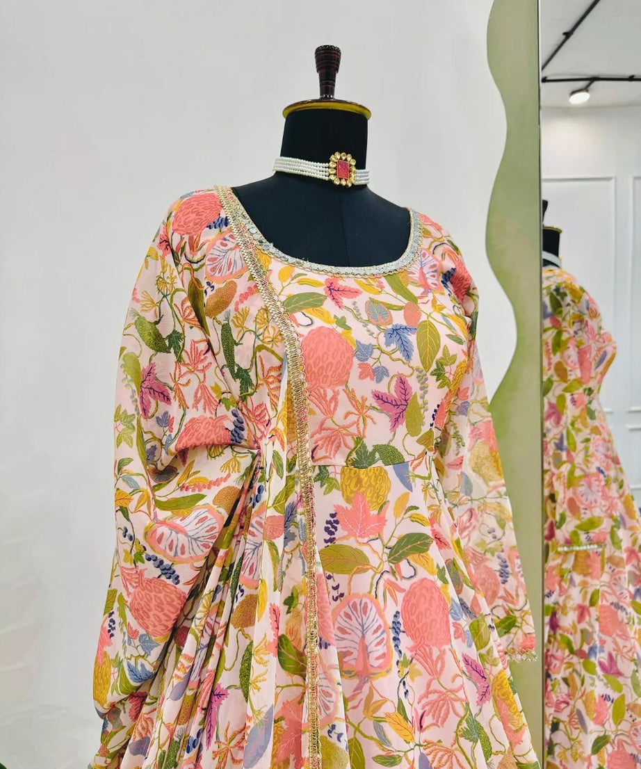 Georgette With Inner  Digital Print Mirror Work Anarkali Suit & Dupatta