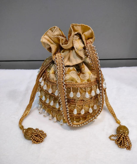 Designer Heavy Tassel Golden Work Potli Bag