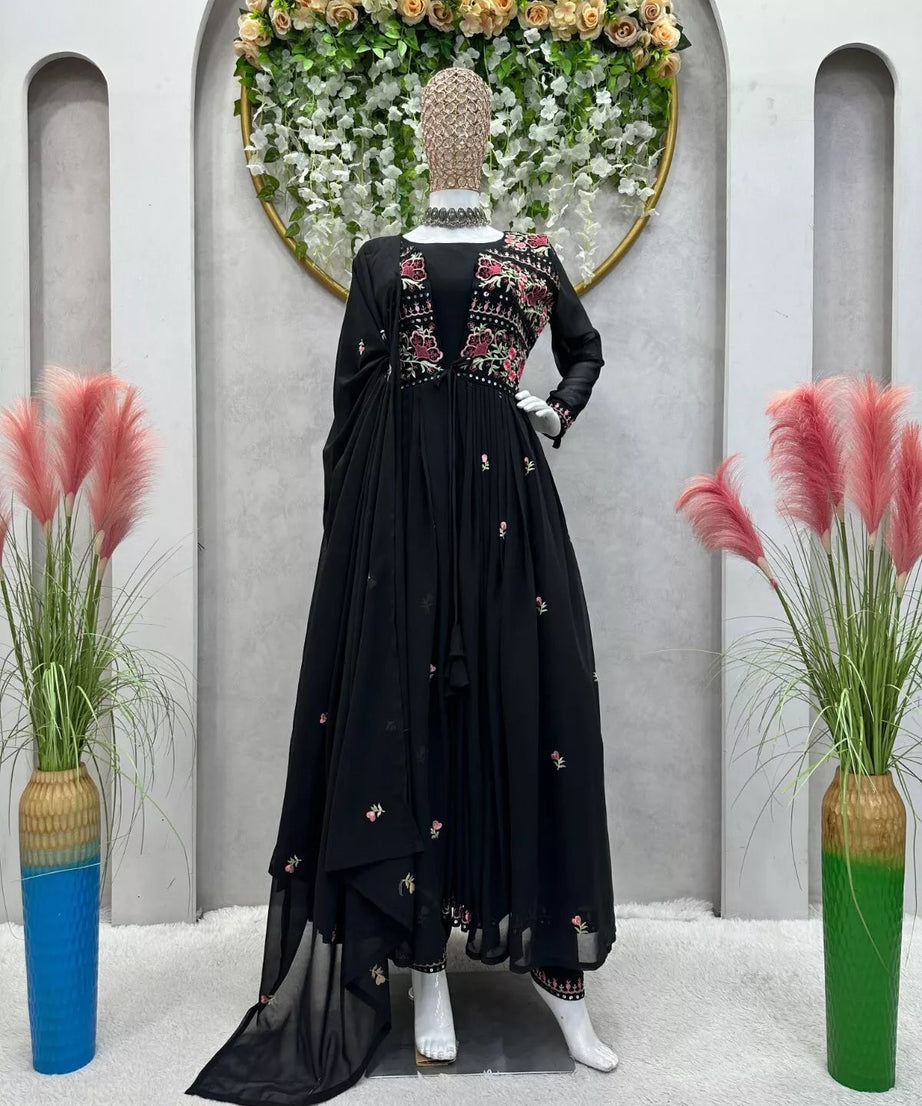 Faux Georgette Bollywood Full Stitched Kurti Shrug & Pant Dupatta