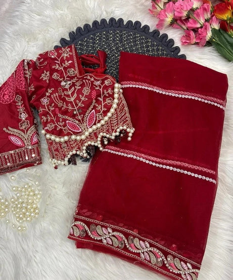 Heavy Soft Net With Embroidery And Sequence Work wedding Party wear Saree And Blouse 11-KK