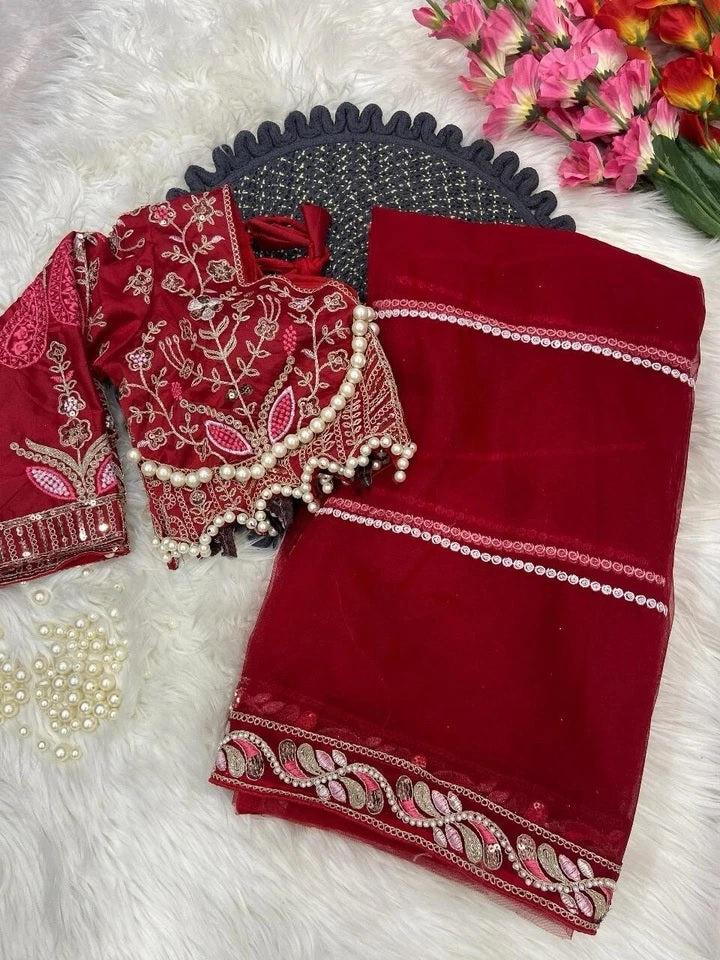 Heavy Soft Net With Embroidery And Sequence Work wedding Party wear Saree And Blouse 11-KK