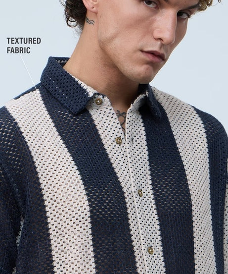 Open Knit Navy Stripes Men Textured Shirts