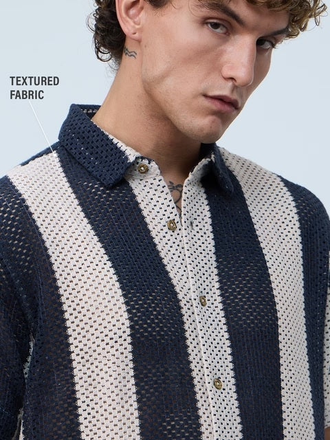 Open Knit Navy Stripes Men Textured Shirts