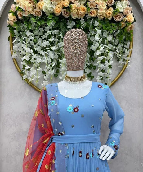 Faux Georgette With Sequence Work Top Afghani With Dupatta