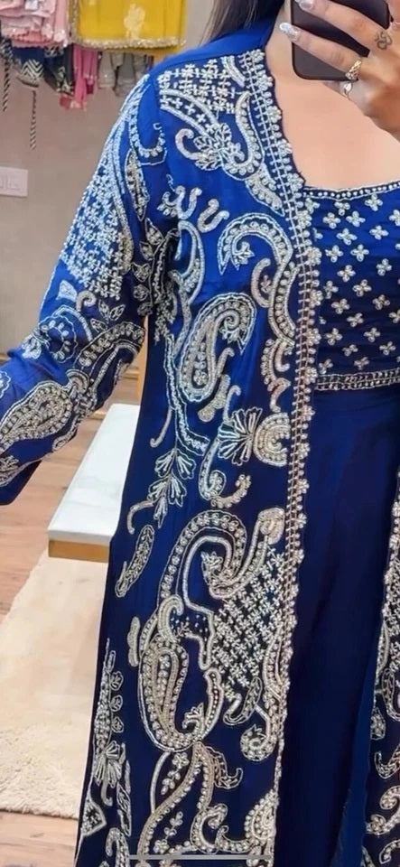 Faux Georgette With Designer  Embroidery Work Shrug - Palazzo & Blouse