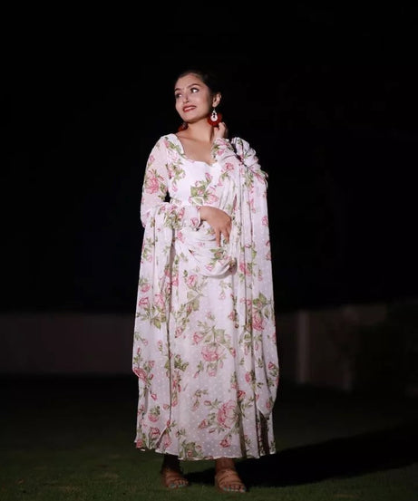 Premium Georgette With Work And Digital Printed Long Anarkali Gown Dupatta