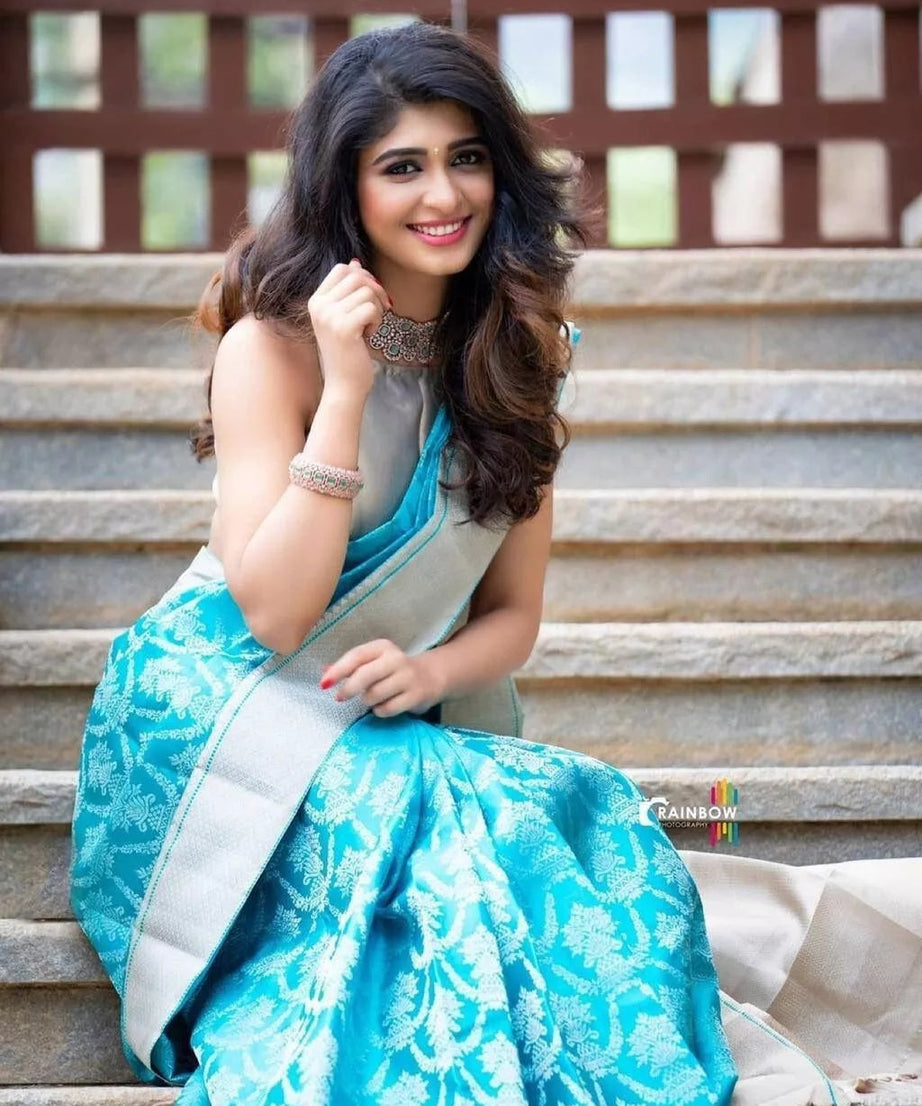 Sky Blue Latest Designer Exclusive Wedding Saree With Blouse