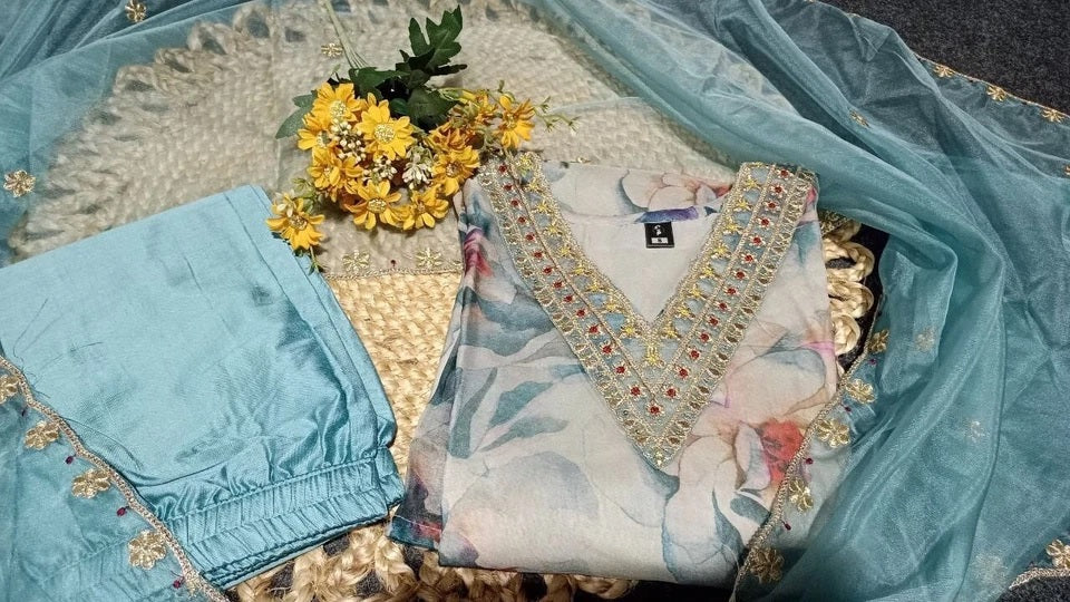 Classic Ethnic Pure Tabby Embroidery Work Kurti Bottom & Dupatta Set