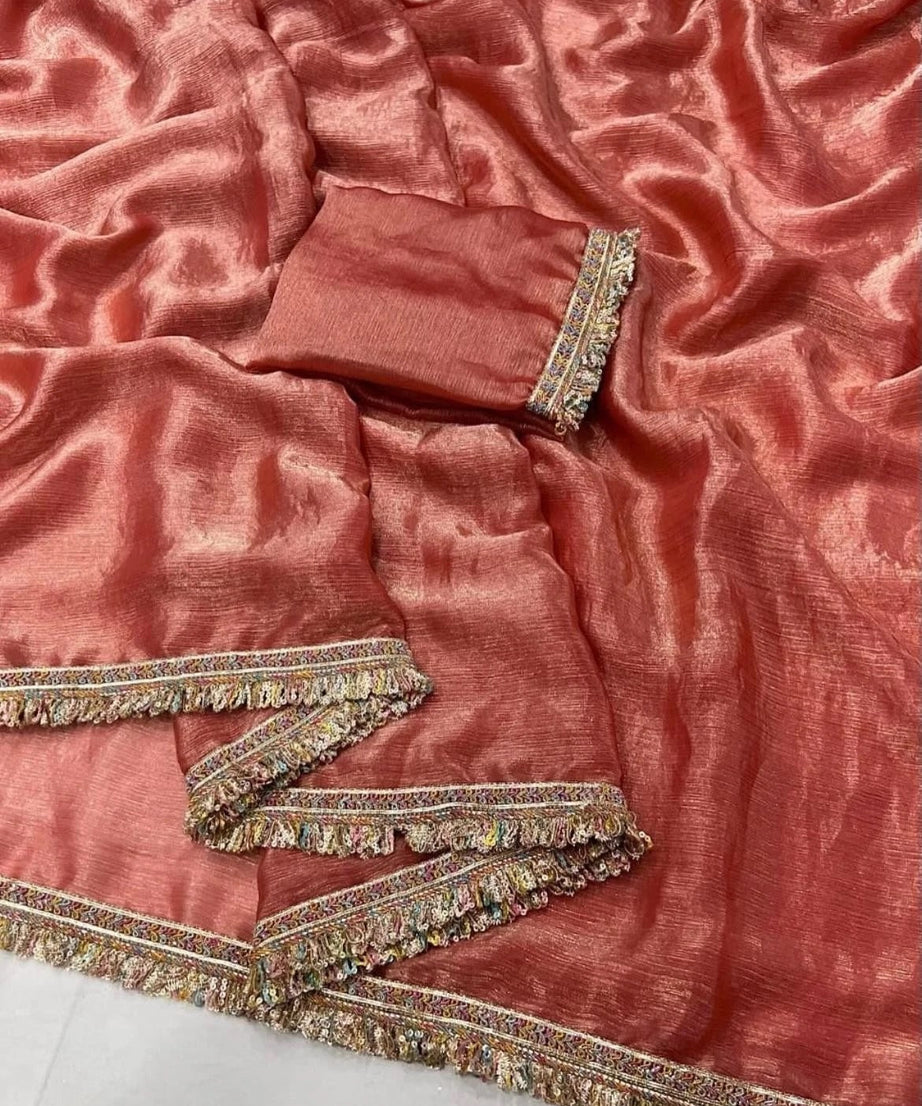 Chiffron Fendy Sari , Traditional Designer Wedding Wear Saree With Blouse