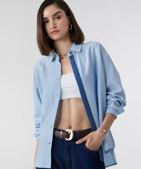 Textured Shirt Sterling Blue Women Boyfriend Shirts