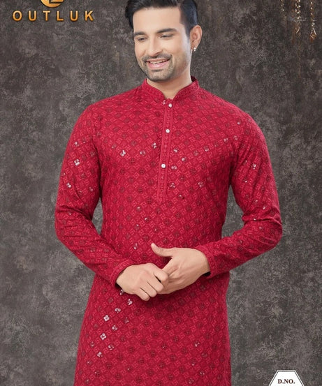 Traditional Wear Rayon Sifly Lakhnawi Kurta Pajama Set For Men's