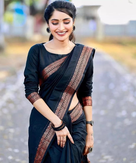 Black Designer Ethnic Wedding Banarasi Soft Silk Saree & Blouse