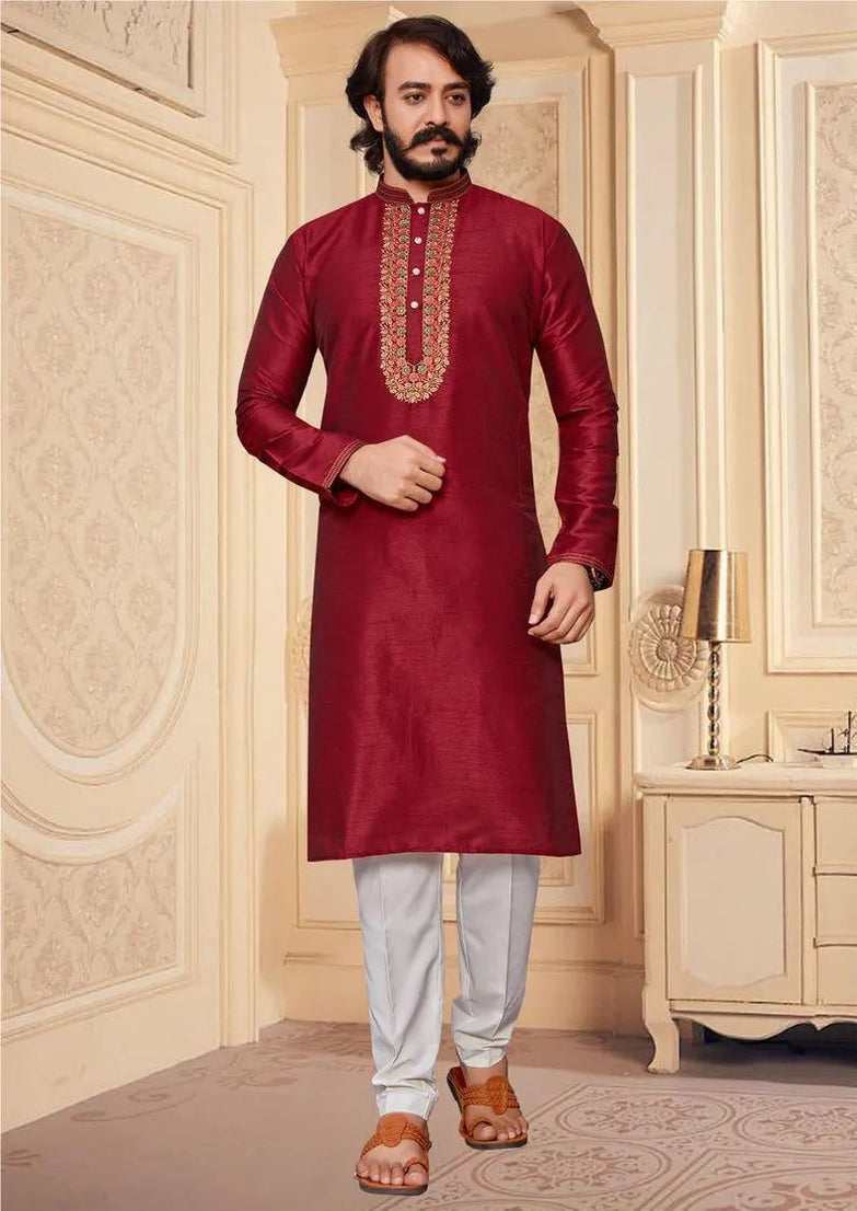 Heavy Silk With Embroidery Work Kurta Pajjama Men's Set