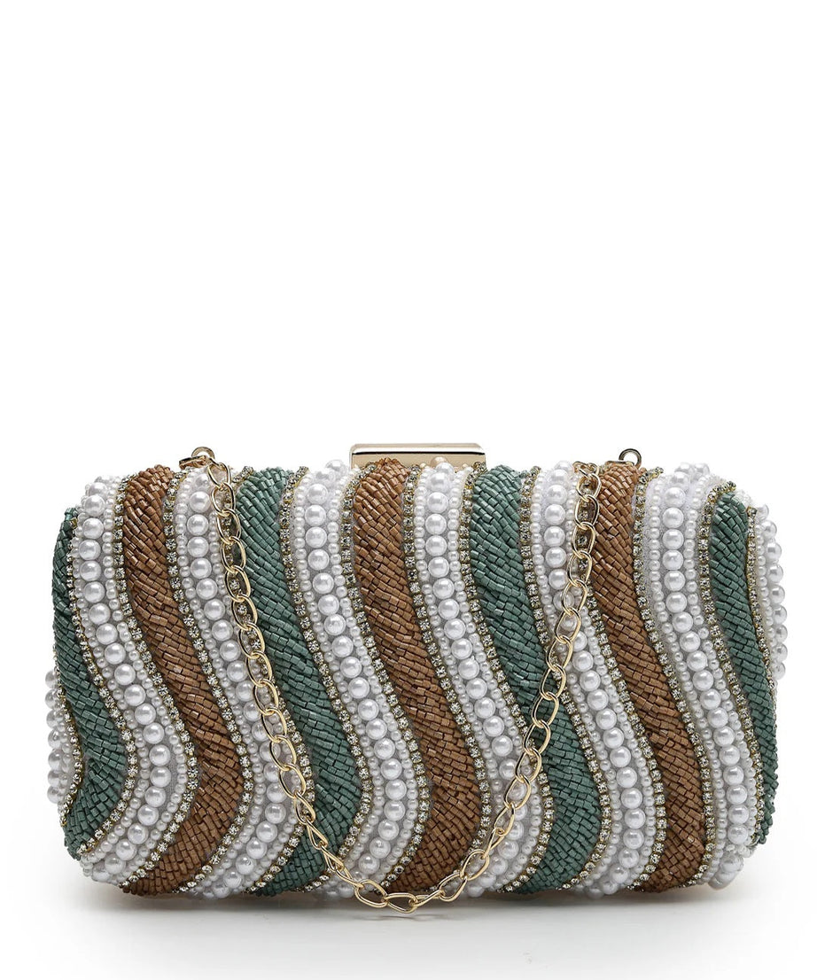 Adorn Wave Embellished Faux Silk Clutch