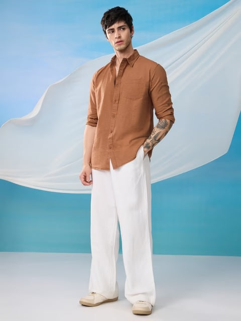 Cotton Linen Russet Brown Cotton Linen Shirts