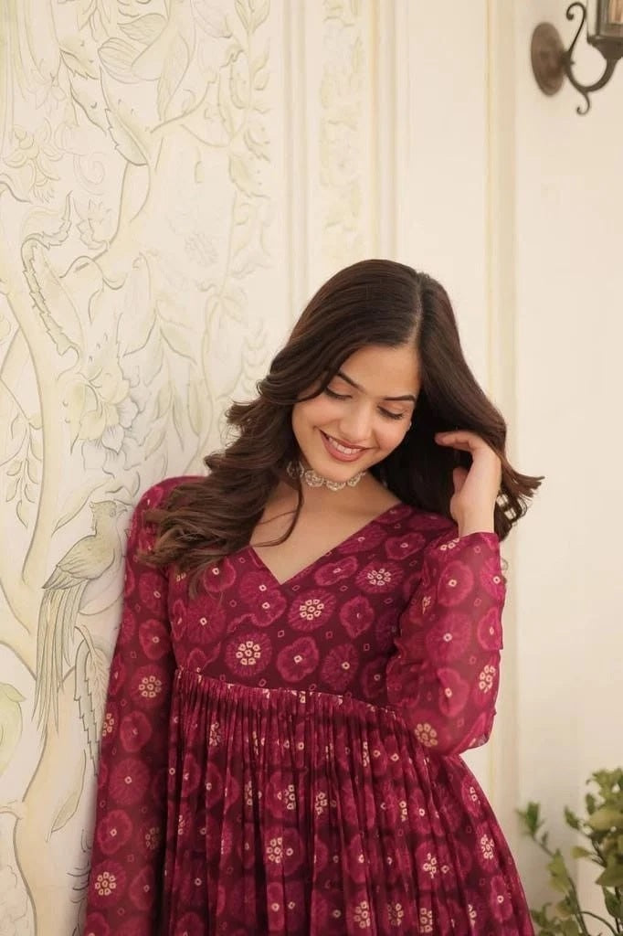 Fancy Stylish Delta silk Round Fleard Long Top For Women's