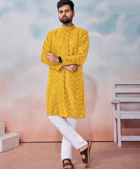 Heavy Rayon Chikan Work Kurta Pajama Set For Men's