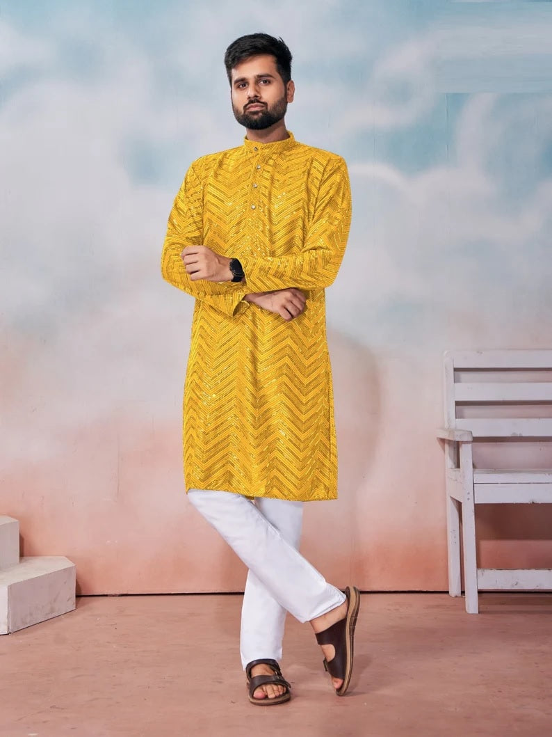 Heavy Rayon Chikan Work Kurta Pajama Set For Men's