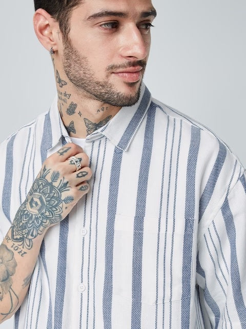 Solids White and Grey Stripes Oversized Shirts
