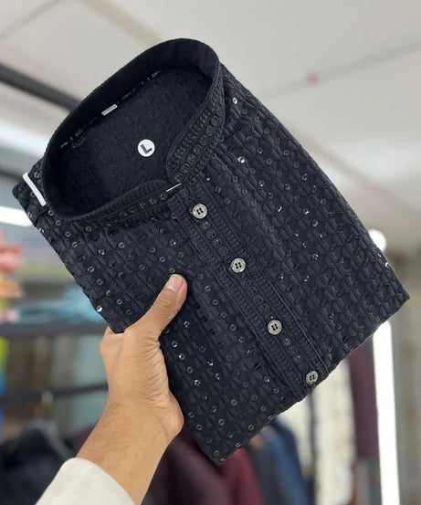 Men's  Cotton Rayon With Sequin Work Kurta Pajama Set