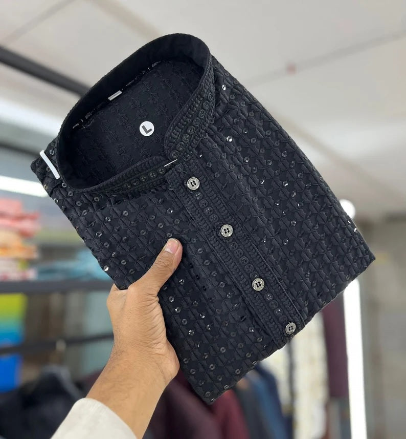 Men's  Cotton Rayon With Sequin Work Kurta Pajama Set