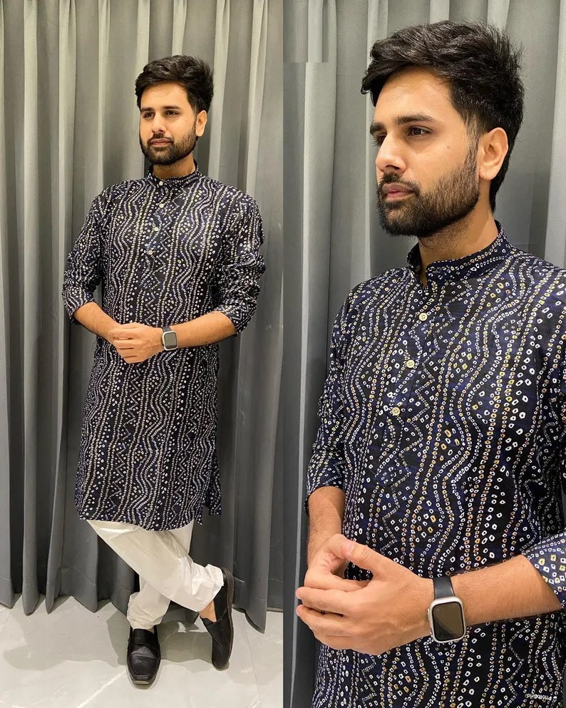 Men's Cotton Bandhani Print Kurta Pajama Set