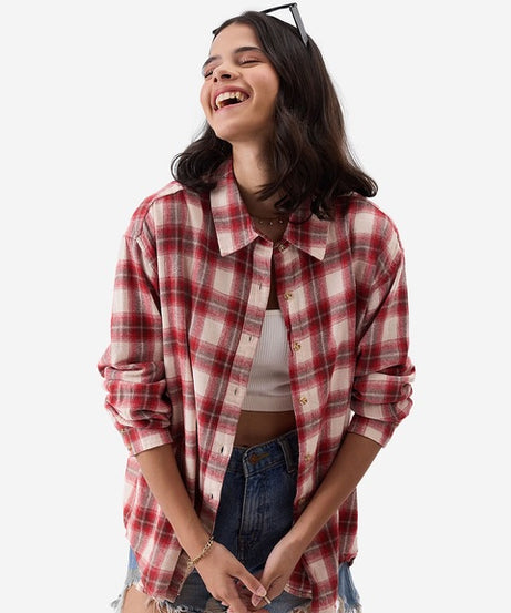 Plaid  Red, Brown and Cream Women Boyfriend Shirts