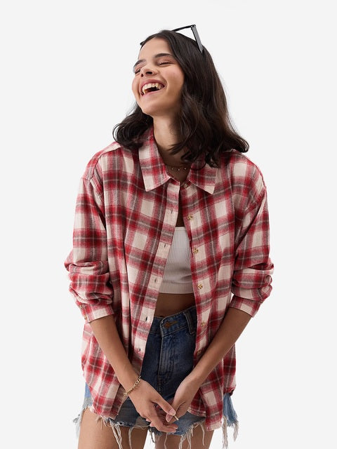 Plaid  Red, Brown and Cream Women Boyfriend Shirts