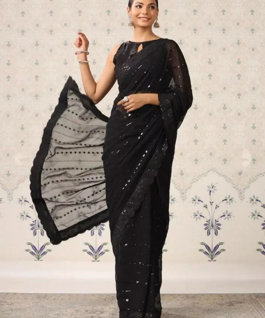 Black Georgette & Sequence Embroidery Work With Cut Work Sari & Blouse