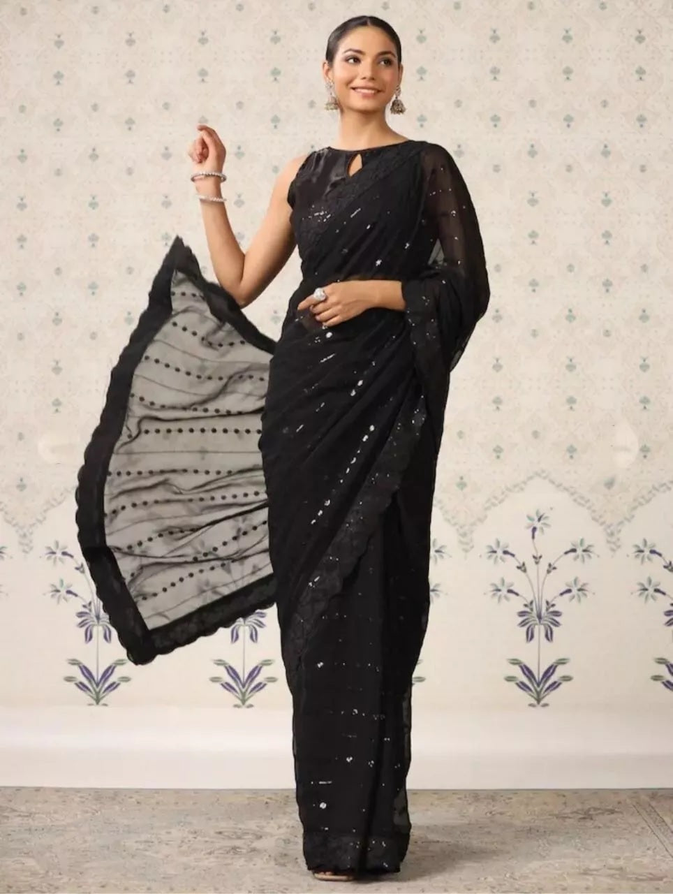 Black Georgette & Sequence Embroidery Work With Cut Work Sari & Blouse