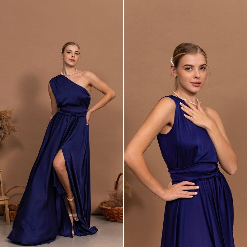 Convertible Full-Length Bridesmaid Dress - Satin Gown for Wedding Guest