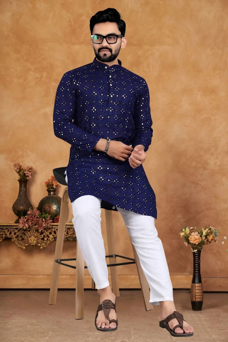 Men's Cotton With Embroidery Work Kurta Pajama Set