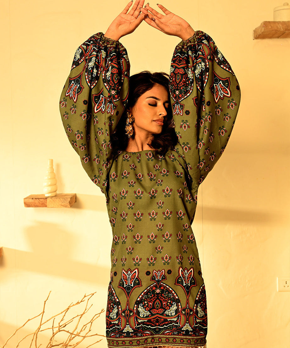 Olive Green Floral Tunic Dress Boho Chic Long Sleeve Mini Dress