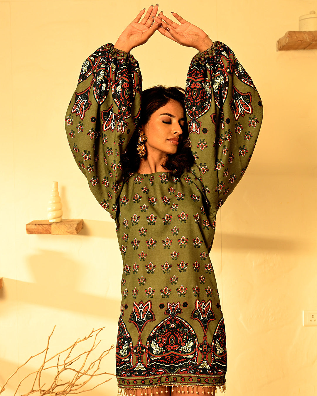 Olive Green Floral Tunic Dress Boho Chic Long Sleeve Mini Dress