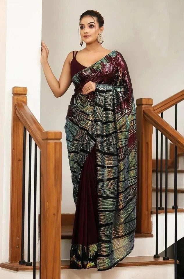 Traditional Georgette Saree With Blouse,Function Wedding Sari